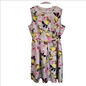 Liz Claiborne Light Gray Watercolor Floral Sleeveless A Line Belted Dress Sz 16